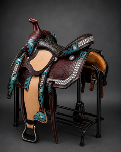 Premium Handmade Western Horse Saddle Genuine <b>Leather</b> Custom Cowboy Saddle with Turquoise Floral <b>Tooling</b> Silver Conchos - Product Image 2