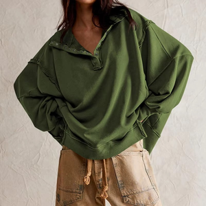 Sudadera de punto rosa oversize para mujer con cuello abotonado y detalles de remaches, hombros caídos, manga larga, ropa casual de otoño - Product Image 5