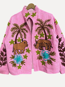 Cárdigan Rosa Bohemio con Estampado Animal Bordado, Cuello Mandarín, Manga Larga, Talla Grande, Ropa Casual de Verano para Mujer - Product Image 1
