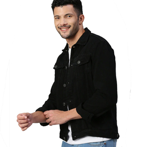 Men's Black <b>Denim</b> <b>Jacket</b> Regular Fit Button Fly Solid Color Casual Autumn Cotton Washable Topstitch Acid Wash Color Fade Proof - Product Image 2
