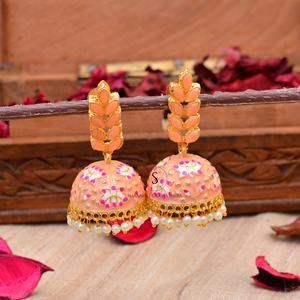 Bollywood oxidado chapado en oro desgaste del partido meenakari pintado a mano jhumka jhumki pendientes perla Jhumka Jhumki pendientes - Product Image 2