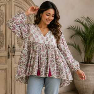 Chemisier pour femme - Imprimé floral rose en mousseline de soie transparente, col à nœud, manches ballon en dentelle, décontracté, pour le quotidien, printemps, coupe ample, taille standard - Product Image 1