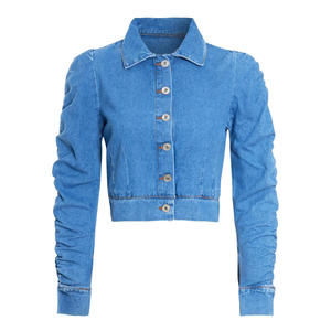 Women Light Blue <b>Cropped</b> <b>Denim</b> <b>Jacket</b> Ruched Long Sleeve Button Front Slim Fit Casual Fashion Outerwear - Product Image 2