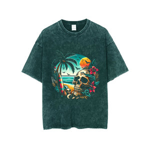 Regular Fit Men's Black T-Shirt with Skull and Tropical Print Short Sleeve O-Neck Street Style Jersey Cotton 320g Gear - Product Image 3