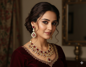 Raasika navratna royale heirloom necklace and earrings set hpandcrafted with premium deep ruby-<b>red</b> oval and teardrop stones - Product Image 1