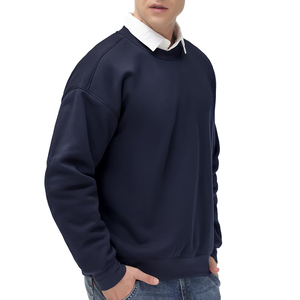 Men's Navy <b>Blue</b> Crew Neck Pullover Sweatshirt Regular Fit Solid Color Knitted 100% Cotton Casual Long Sleeve Autumn Wear - Product Image 4