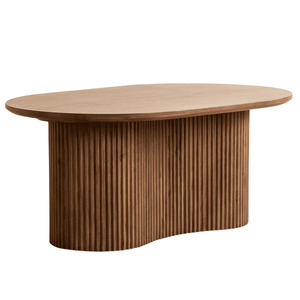 Table basse moderne en bois de manguier massif avec plateau ovale, base à motifs sculptés Linn et finition marron, style décoration intérieure - Product Image 2