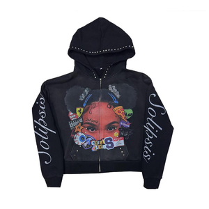 Sweat à capuche court noir Desgnr avec fermeture éclair, motif lettres en strass, coupe oversize, style streetwear unisexe, en molleton bouclette 100% coton - Product Image 5
