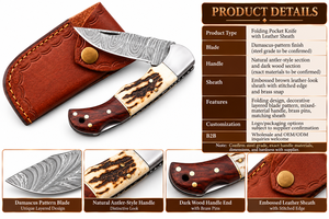 Cuchillo Plegable de Acero de Damasco Hecho a Mano con Mango de Asta de Ciervo y Madera, y Funda de Cuero, Cuchillo de Supervivencia y Camping OEM - Product Image 5