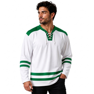 Maillot de hockey sur glace blanc et vert pour homme, manches longues, col en V, fermeture à nouer, tissu polyester respirant, coupe classique, service OEM - Product Image 5