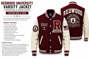 Veste universitaire américaine d'hiver personnalisée en bois de séquoia, en laine premium, avec manches en cuir véritable et devant en chenille - Product Image 2
