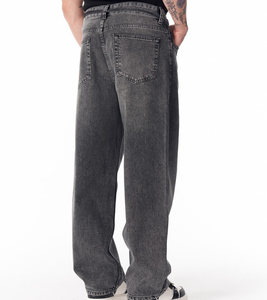 Jean en denim déchiré à jambe large pour homme, taille haute, coupe ample, décontracté, grande taille, en coton, avec braguette boutonnée, couleur unie, style délavé - Product Image 4