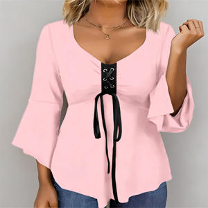 Offre spéciale sur la blouse asymétrique pour femme Temu à col en V et manches évasées, avec laçage sur le devant, idéale pour le quotidien et les soirées. - Product Image 4