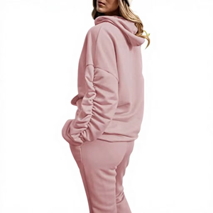 Women <b>Pink</b> Hooded Tracksuit Full Sleeve Solid Color Casual <b>Sweatshirt</b> Pants Set With Side Pockets Drawstring Closure Tracksuits - Product Image 3
