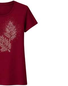 T-shirt en coton rouge rubis pour femme, imprimé floral avec strass, décontracté, manches courtes, haut d'été, fabrication sur mesure, fournisseur OEM - Product Image 4