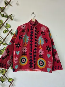 Vintage Pink <b>Velvet</b> Suzani Embroidered <b>Jacket</b> with Heart And Floral Pattern Full Sleeve Stand Collar Bohemian Winter <b>Jacket</b> - Product Image 1