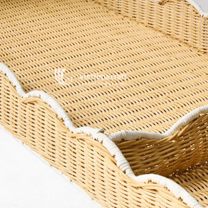 Plateau rectangulaire en rotin à compartiments multiples, bord festonné blanc, organisateur de bureau et de coiffeuse, style bohème, pour cuisine et salon - Product Image 3