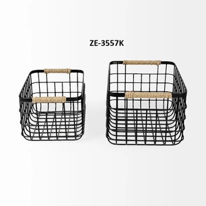 <b>Black</b> Metal Wire Storage Basket with Rope Handles Durable Rectangular Organizer for Home Use - Product Image 5