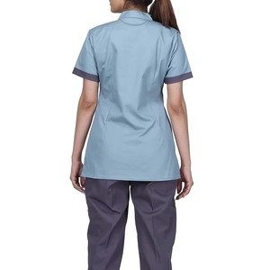 Women's Light Blue <b>Scrub</b> Top Short Sleeve With Pockets Hospital Uniform Woven Cotton Polyester Blend - Product Image 2