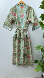 Bata Kimono de Algodón con Estampado Floral Indio para Descansar - Product Image 4