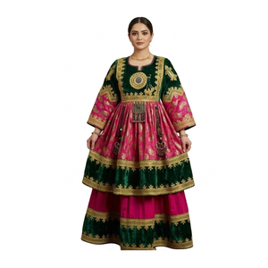 Vestido de novia de seda para mujer, estilo Salwar Kameez, largo hasta el suelo, corte holgado, con bordado verde, rosa y dorado, estilo afgano Kuchi, precio al por mayor - Product Image 3