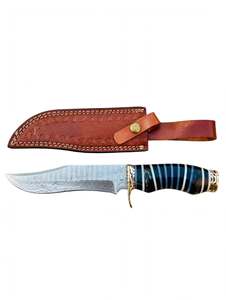 Custom Handmade Damascus Steel Outdoor <b>Knife</b> Segmented Striped Handle <b>Carved</b> Brass Guard Leather Sheath - Product Image 6