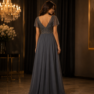 Luxury Grey Beaded Evening Gown for Women Elegant V Neck Formal Maxi Dress Embroidered Chiffon Party Wear Cocktail Prom Dress - Product Image 3
