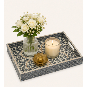 Bandeja Decorativa de Lujo Hecha a Mano con Incrustaciones de Madreperla, Mosaico Geométrico de Conchas, con Asas, para Mesa de Centro - Product Image 4