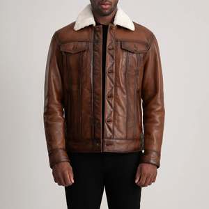 Chaqueta Bomber de Cuero Genuino para Hombre, Cuello Camisero, Cierre de Botones, Corte Ajustado, Color Sólido, Ropa de Invierno - Product Image 6