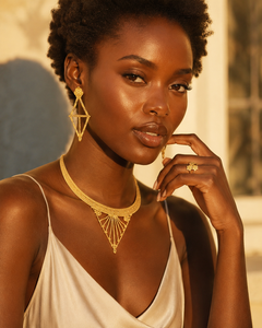Elegante Conjunto de Joyería Chapada en Oro de Inspiración Etíope y Nigeriana – Conjunto de Collar, Pendientes y Anillo de Moda para Novias Africanas - Product Image 3