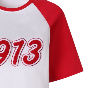 T-shirt personnalisé pour femmes avec lettres grecques, blanc et rouge, manches raglan, broderie en chenille, DST Delta Sigma Theta - Product Image 3