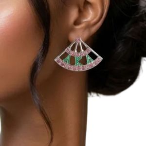 Pendientes de tuerca con diseño de abanico griego en rosa y verde para mujer, joyería de moda con cristales, elegantes pendientes geométricos, accesorio de regalo para fiestas para damas - Product Image 6