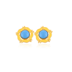 Natural Sleeping Beauty <b>Turquoise</b> Gemstone <b>Stud</b> <b>Earrings</b> Gold Plated Brass Bezel Setting Fashion Jewelry for Women - Product Image 1