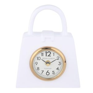 Edward Florence Desk <b>Clock</b> White Metal Circular Shape <b>Gold</b> Frame Quartz Movement Battery Operated Modern Design Luminova Snooze - Product Image 3