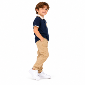 Polo marine pour garçons, col contrastant, patch lettres universitaires, manches courtes, haut décontracté pour l'école, vente en gros - Product Image 2