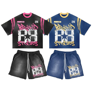 Ensemble T-shirt et short grande taille 100 % coton personnalisé noir rose bleu à manches courtes avec cordon de serrage style streetwear été deux pièces vente en gros - Product Image 1