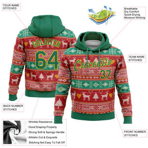 Custom Christmas Print Hooded Fleece Sweatshirt Unisex Red Green Knitted Polyester Breathable Front Pocket Team Name Number - Product Image 2