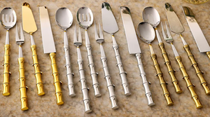 Wholesale Golden Bamboo Handle Metal <b>Flatware</b> <b>Set</b> with High Mirror Polish Dishwasher Safe for Wedding Occasions - Product Image 6