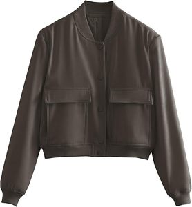 Chaqueta Bomber de Cuero Sintético para Mujer, Corte Recortado, Cuello Alto, Cierre de Botones, Color Sólido, Estilo Casual de Otoño - Product Image 1