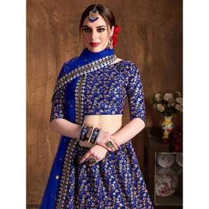 Paillettes bleues brodées soie brute mariage Lehenga Choli robe de mariée attrayante avec broderie de paillettes élégante - Product Image 4