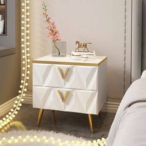 Comodino nordico bianco a 2 cassetti piccolo comodino con sfaccettature a V e mobili per camera da letto in oro - Product Image 6