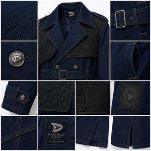 Longline Belted Denim Trench Coat Custom Men Women Heavyweight Jacket Premium <b>Quilted</b> Shoulder Outerwear - Product Image 4