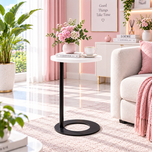 NGUYEN DECOR Modern Minimalist Round <b>Side</b> <b>Table</b> Maple Top <b>Black</b> Metal Base Eco-Friendly Living Room Set Bedroom Furniture - Product Image 1
