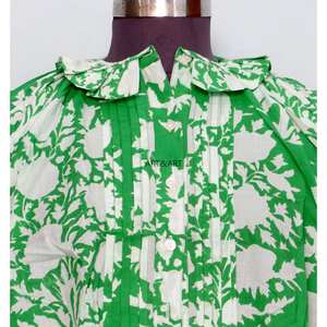 Túnica Vintage de Verano, Corte Regular, Estampado Floral Dulce, 100% Algodón Lavable, Estilo Casual, Toque Femenino, Cuello Redondo con Volantes, Manga Media, Mini - Product Image 3