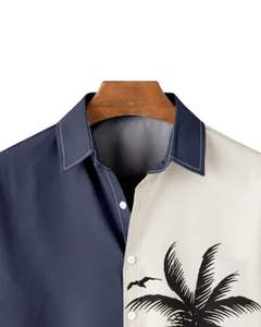 Camisa de Manga Corta con Estampado de Palmeras en Azul Marino y Beige, Estilo Casual para Playa, Verano, para Hombre, Fabricante OEM, Suministro Personalizado - Product Image 3