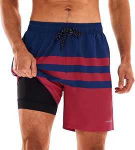 Short de bain rayé à séchage rapide pour homme HODO SPORT avec cordon de serrage et slip intégré pour la natation et les activités sportives - Product Image 1