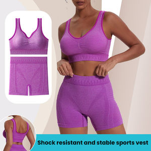 Ensemble de yoga sans couture taille haute pour femme, soutien-gorge de sport dos nageur violet uni et short en maille respirant en Spandex et Polyester, 2 pièces - Product Image 6