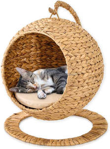 Venta al por mayor 2025 hecho a mano tejido jacinto de agua PET muebles sostenible animal patrón gato cúpula cama con cierre de botón - Product Image 4