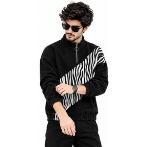 Sudadera de hombre con cremallera de un cuarto, cuello alto, manga farol, color negro y estampado de cebra diagonal - Product Image 5
