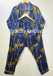 Handcrafted Luxury Cotton Nightwear Tropical Palm Tree Print Indigo Blue Pajama Set Contrast Piping Comfortable Summer Autumn - Product Image 5
